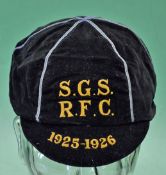 1925 SGS RFC Rugby cap – black cap with blue trim and gold lettering, no recipient’s name, torn