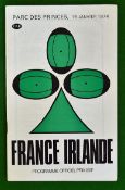 1974 France v Ireland (Champions) Rugby Programme – played on 19th January 1974 at Parc des Princes,