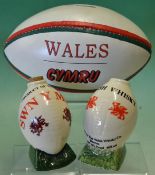 Collection of Welsh Rugby souvenir ceramic rugby balls – to incl Welsh Ceramic Rugby Ball Piggy/