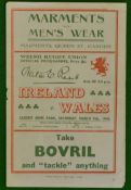 1946 Wales v Ireland signed rugby programme: Played at Cardiff Arms Park and signed by 4 B Williams,