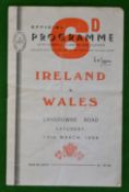 1954 Ireland v Wales (Champions) Rugby programme – played on 13th March at Lansdowne, with usual