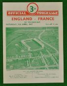 1947 England v France signed rugby programme – played at Twickenham signed (1) single sheet page, no