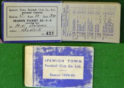 1939/1940 Ipswich Town FC Season Ticket: Only the second league season for the Club, war abandoned