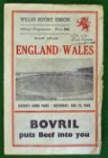 1949 England v Wales Rugby programme – played on 15th January at Cardiff Arms Park, usual pocket