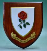 Official England RFU wall plaque – mounted on light stained wooden shield overall 7" x 6"