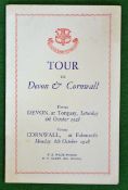 1928 Yorkshire Tour to Devon & Cornwall Rugby Itinerary – played on 6th October at Torquay, Devon