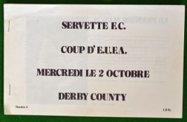 1974 Servette FC v Derby County away Football Programme: EUFA programme printed black & white 4 page