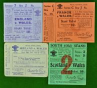 4x 1930s Wales rugby tickets to incl v England 30, v France 31 c/w stub, v Ireland 36 and v Scotland