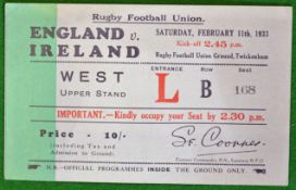 1933 England v Ireland Rugby Football Union Ticket: Played at Twickenham