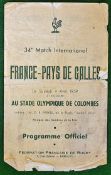 1959 France (Champions) v Wales Rugby Programme – played on 4th April 1959 at Olympique de Colombes,