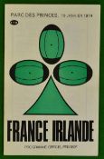 1974 France v Ireland rugby programme: Played at Parc Des Princes 19thJanuary 1974 good example