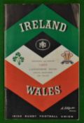 1966 Ireland v Wales Rugby International Programme: Played at Lansdowne Road 12th march 1966.