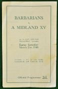 1940 Barbarians v Midland XV Rugby Programme: Played at L.F.C. Ground Leicester 23rd March 1940
