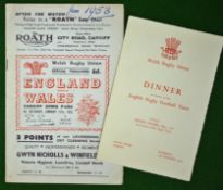 1953 England (Champions) v Wales Rugby programme and dinner menu – played on 17th January at Cardiff