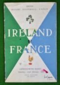 1955 Ireland v France Rugby programme – played on 22nd January at Lansdowne, with scuffing to