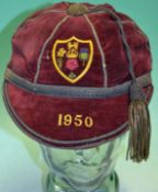 1950 Great Britain Rugby League Tour Cap: tour to Australia red velvet cap with gold braid tassel
