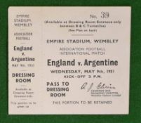 Rare 1951 England v Argentine Football Players Dressing Room Ticket: Played at Wembley 9th May 1951,