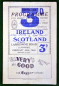1948 Ireland (Grand Slam) v Scotland Rugby programme – played on 28th February at Lansdowne, score
