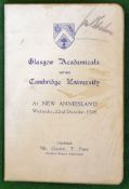 1926 Glasgow Academicals v Cambridge University Signed Rugby Dinner Menu – on 22nd December 1926