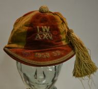 1958-59 I.W. “A" XV Rugby cap – possibly Isle of Wight. Six panel red and gold velvet cap with