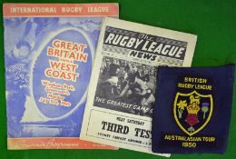 1950 British Rugby League Australian Tour Blazer Pocket Badge and tour programmes: 1950 Badge having