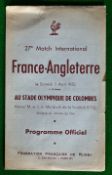 1952 France v England Rugby programme – played on 5th April at Stade Colombes, single sheet, minor