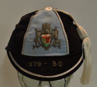 1979/80 Cardiff RFC Rugby cap – blue and black segments with crest, silver braid trim and tassel, no