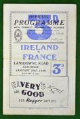 1949 Ireland (Champions) v France Rugby programme – played on 29th January at Lansdowne, with