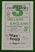 1947 Ireland v England Rugby Programme – played at Lansdowne Road on 08/02/47 signed (1) with some