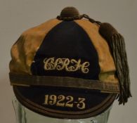 1922/23 CSFRC rugby cap - with dark blue and cream quarters embroidered with letters CS RFC and date