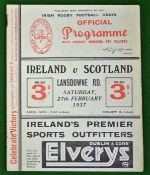 1937 Ireland v Scotland Rugby programme – played on 27th February at Lansdowne, minor nicks to