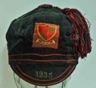 1930 F XV Rugby cap – six panel dark green velvet cap with red and green hand sewn silk crest,