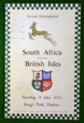 1962 British Lions v South Africa rugby programme - 2nd Test 1– played at Kings Park, Durban on 21st