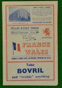 1950 Wales (Grand Slam) v France signed rugby programme: Played at Cardiff arms Park 25th March 1950