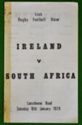 Rare 1970 Ireland v South Africa rugby programme – Ireland drew 8-8 - played at Lansdowne Road