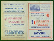 1950 & 1952 France v Wales Rugby Programmes: 1950 played at Cardiff Arms Park 25th March 1950