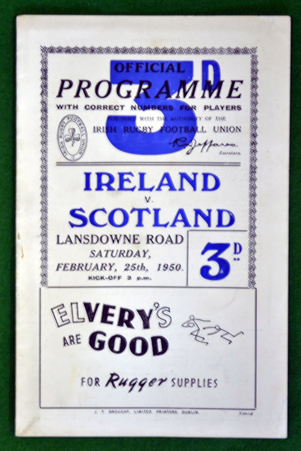 Rare 1950 Ireland v Scotland Rugby programme – played on 25th February at Lansdowne, single sheet,