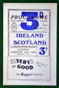 Rare 1950 Ireland v Scotland Rugby programme – played on 25th February at Lansdowne, single sheet,