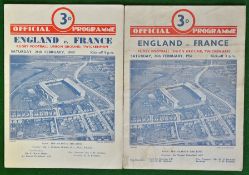 1949 & 1951 England v France Rugby Programmes: Both played at Union Ground Twickenham 26th