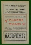 1952 Wales (Grand Slam) v France signed rugby programme: Played at St Helens Swansea 22nd March 1952