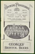 1938 Bristol v The Army Rugby Programme: Played at Bristol Rugby Memorial Ground 8th January 1938