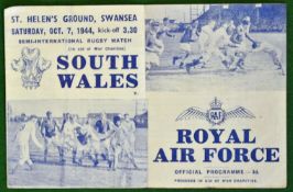 1944 South Wales v Royal Air Force Rugby Programme: Played at St Helen Ground Swansea 7th October