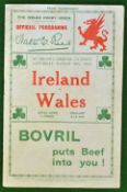 1934 Wales v Ireland rugby programme – played on 10th March at St Helens, Swansea usual pocket