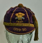 1929/30 Wales International trials rugby cap – purple velvet cap with gold braid embroidered