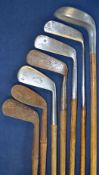 7 x various golf clubs comprising 3 irons incl Sunspot no. 1 iron, Winton deep face mashie nd F H