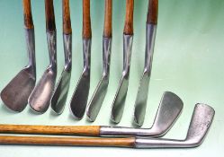 9 x various smf irons and putters – from driving iron, cleeks to deep face mashies – makers incl Tom