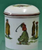 Bone china “Hair Tidy pot c. 1910 c/w lid decorated with various ladies and gentlemen golfers