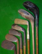 Half set of golf clubs comprising 4 irons, 2 woods and brass stamped putter (7) – jigger, mussel