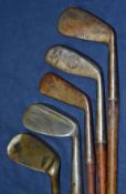 5 x assorted irons incl Alex Patrick Leven cleek, Skelpie long iron, Douglas round back mid iron,