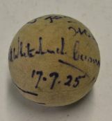 1920s signed Tennis ball – an interesting and early tennis ball signed and dated 17/7/25